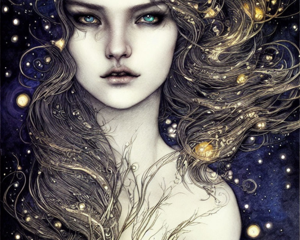 Mystical woman with flowing hair and celestial motifs