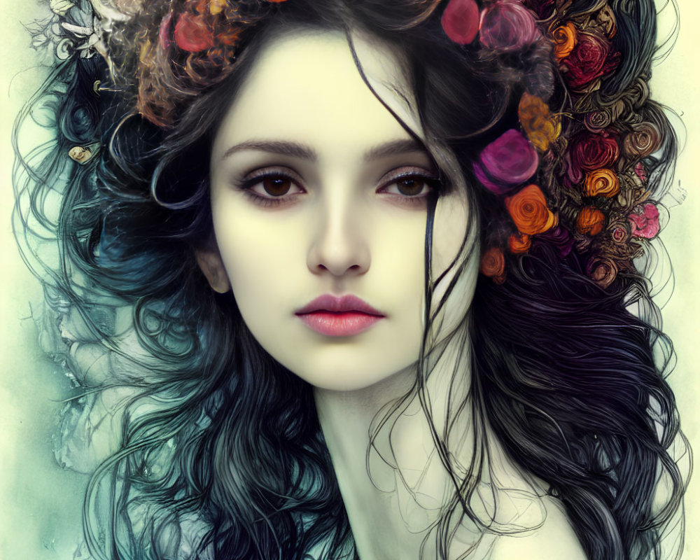 Portrait of Woman with Dark Hair and Colorful Flowers in Pale Skin