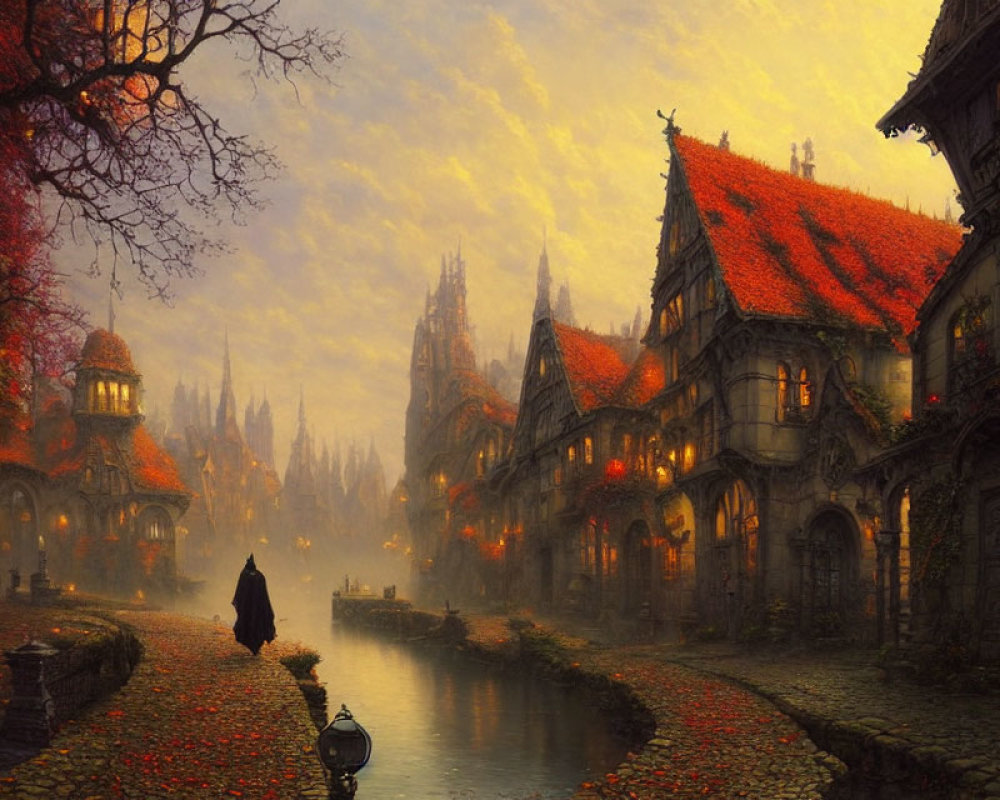 Cloaked figure walking by canal lined with quaint houses under golden, misty sky