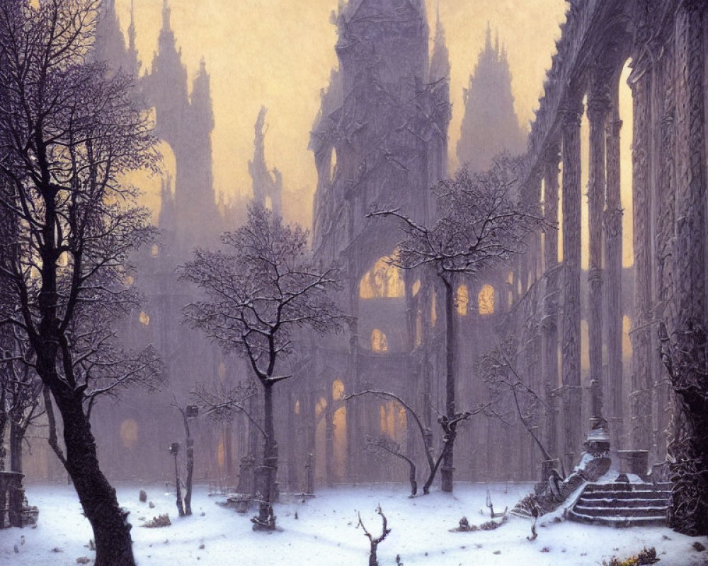 Snowy Gothic ruins with bare trees in dusk landscape