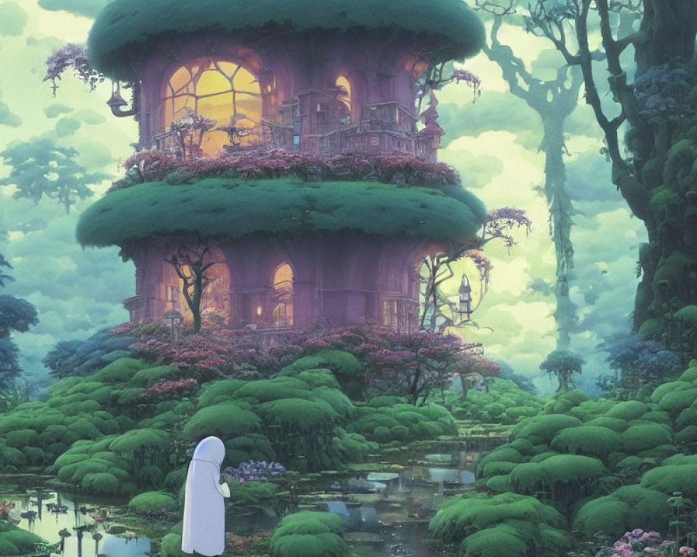 Fantastical illustration of figure by pond with whimsical treehouse in lush forest