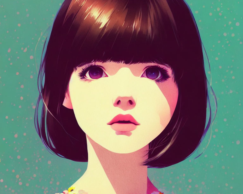 Girl with Large Eyes, Bob Haircut, Floral Dress on Teal Background