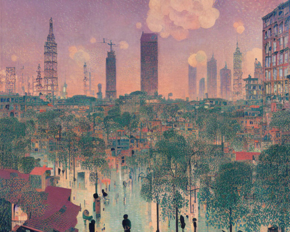 Impressionistic cityscape at dusk with flooded streets and pink-hued sky