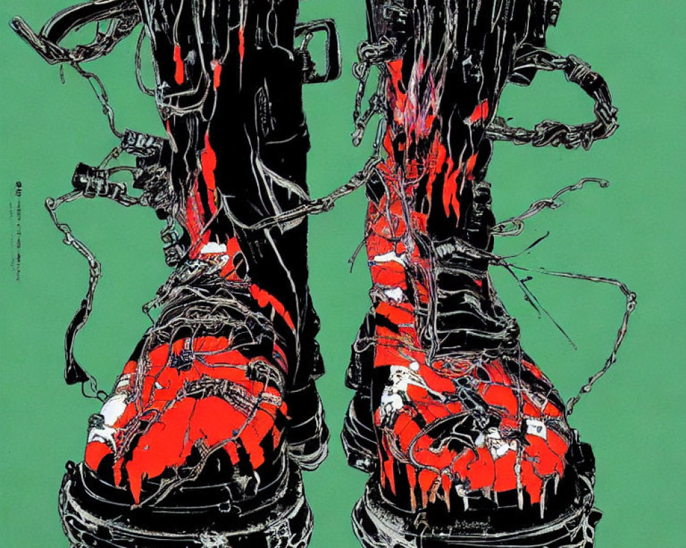 Chunky Boots with Black and Red Lava Pattern on Green Background