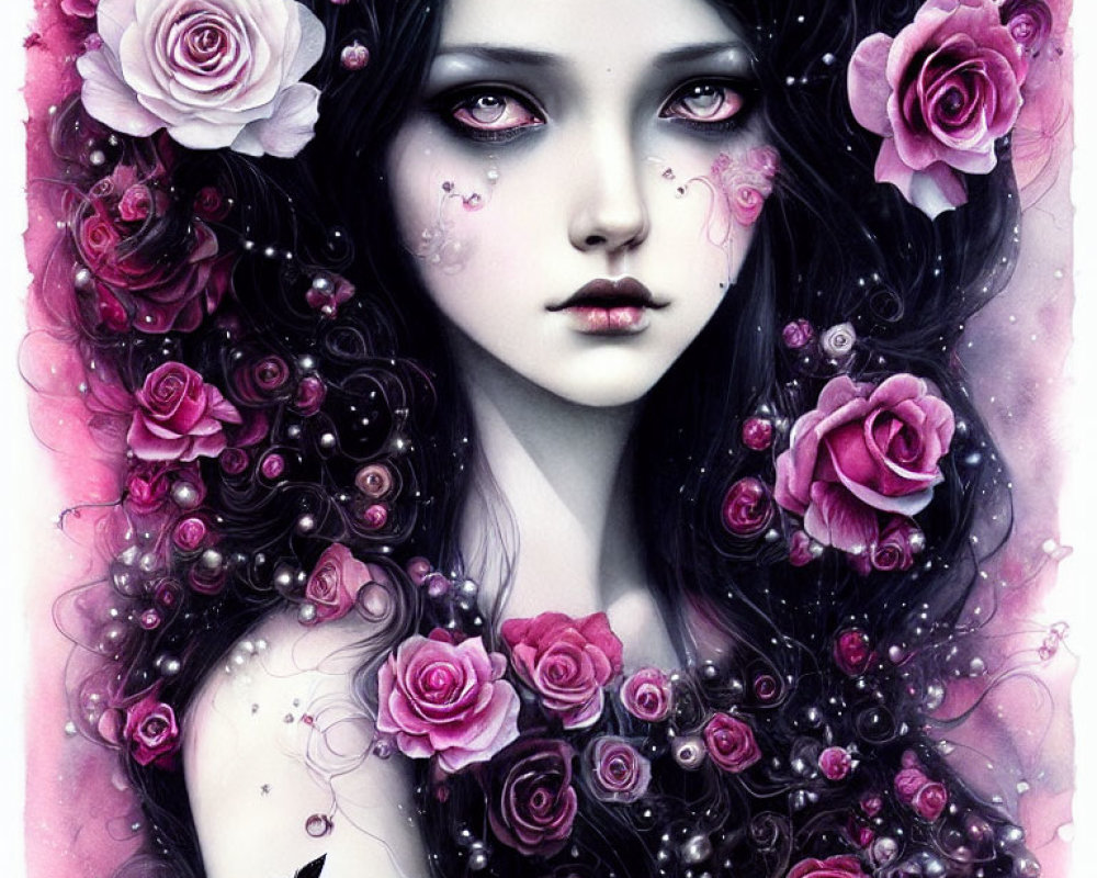 Gothic-style illustration of woman with dark hair, surrounded by roses and floral patterns