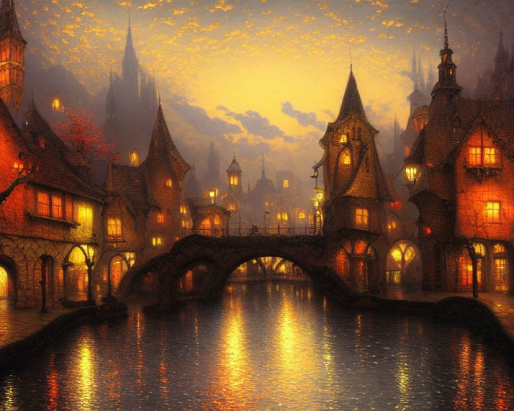 Medieval village evening scene with glowing street lamps, river, and historical buildings