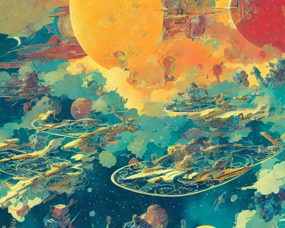 Colorful Sci-Fi Scene: Flying Ships, Floating Islands, Celestial Bodies