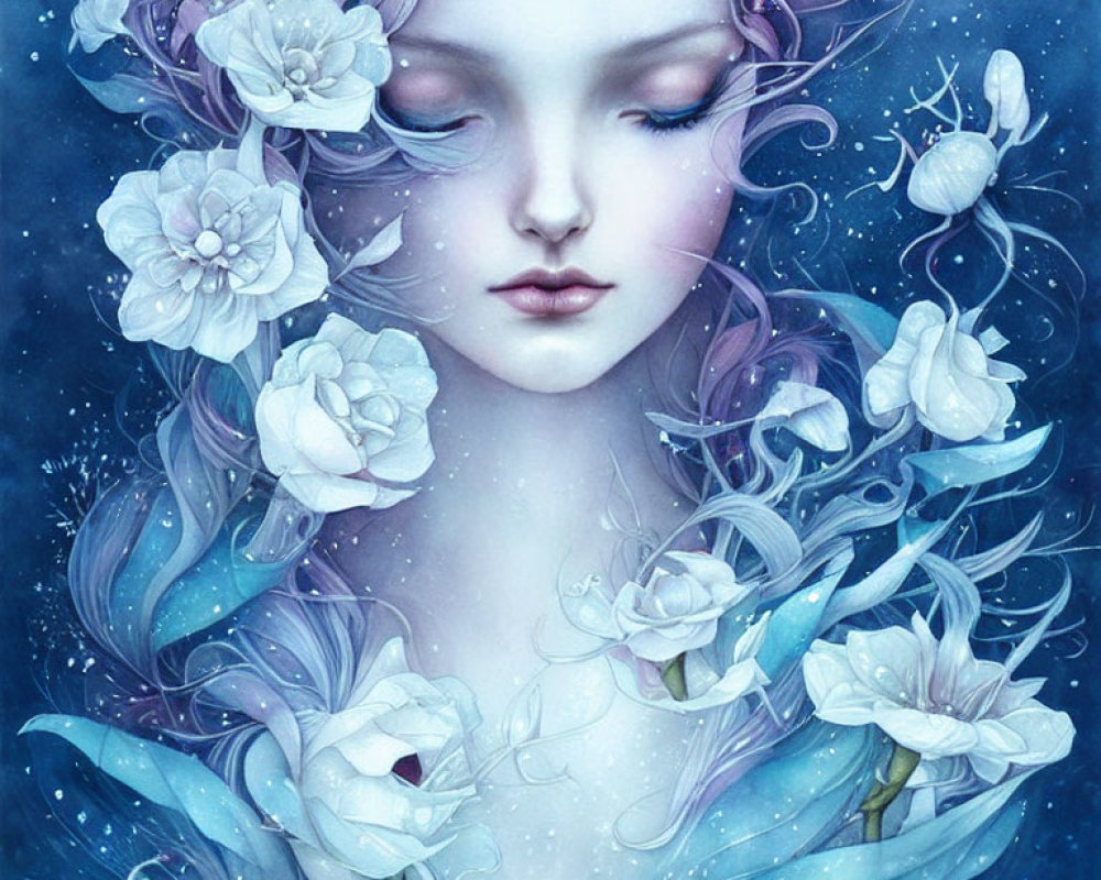 Ethereal artwork of woman with closed eyes among white flowers and snails