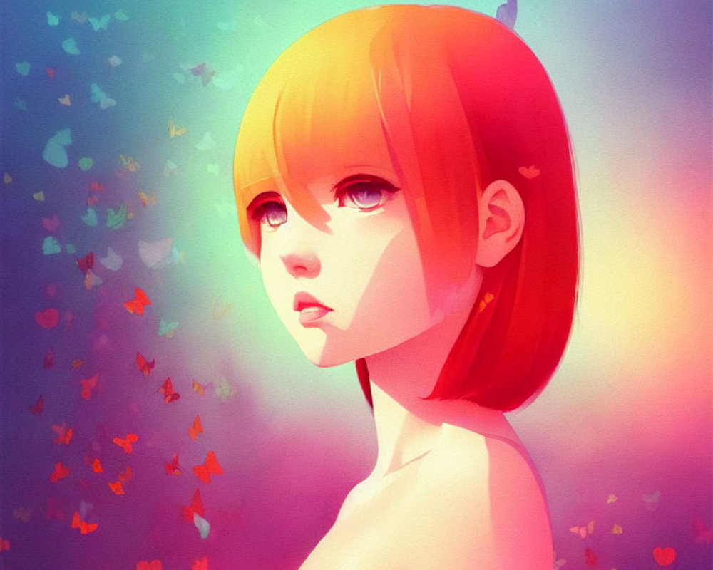Colorful digital artwork: Girl with orange hair and butterflies on gradient background