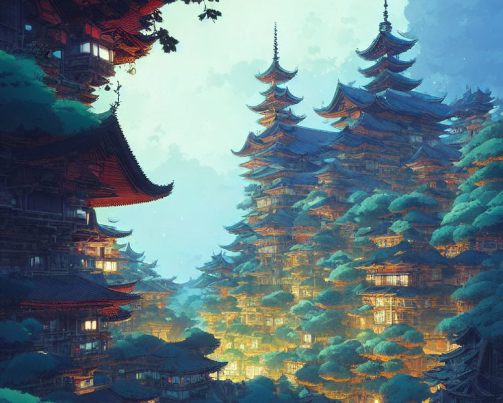 Ethereal artwork: Ancient pagoda in misty forest