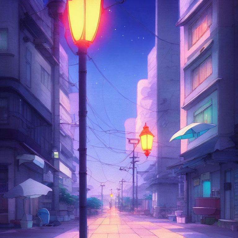Tranquil city street at twilight with glowing street lamps and purple sky
