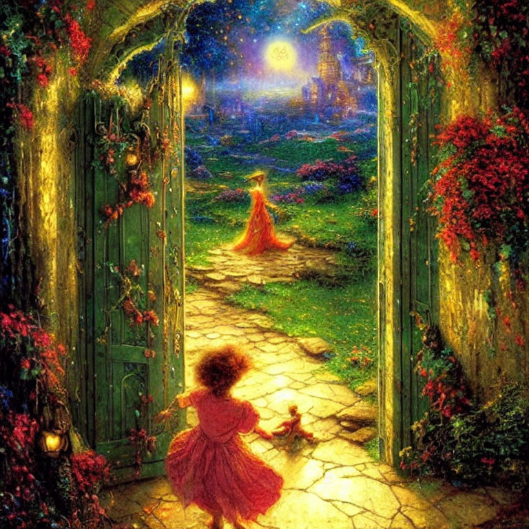 Child in red dress running to moonlit garden with glowing figure and castle