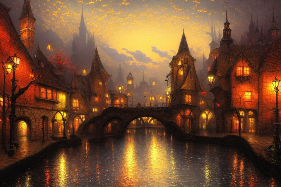 Medieval village evening scene with glowing street lamps, river, and historical buildings