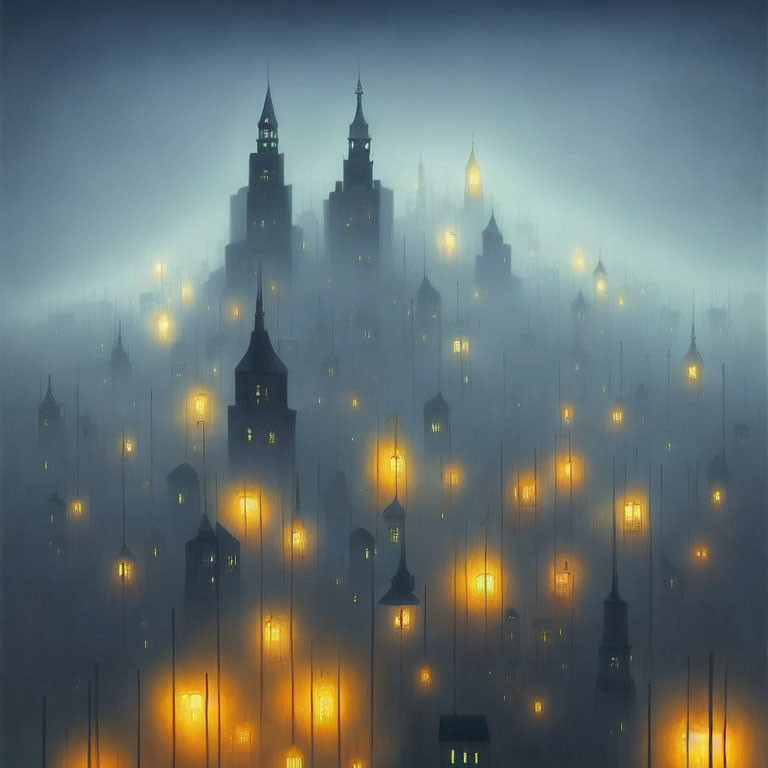 Mystical city with illuminated towers and spires in ethereal fog