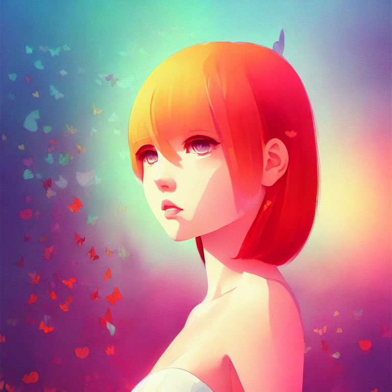 Colorful digital artwork: Girl with orange hair and butterflies on gradient background