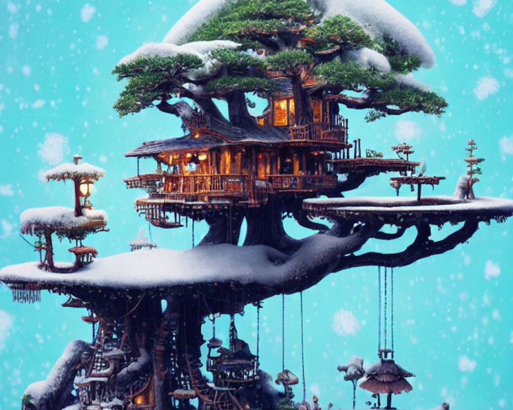 Snow-covered treehouse with multiple levels glowing in warm lights