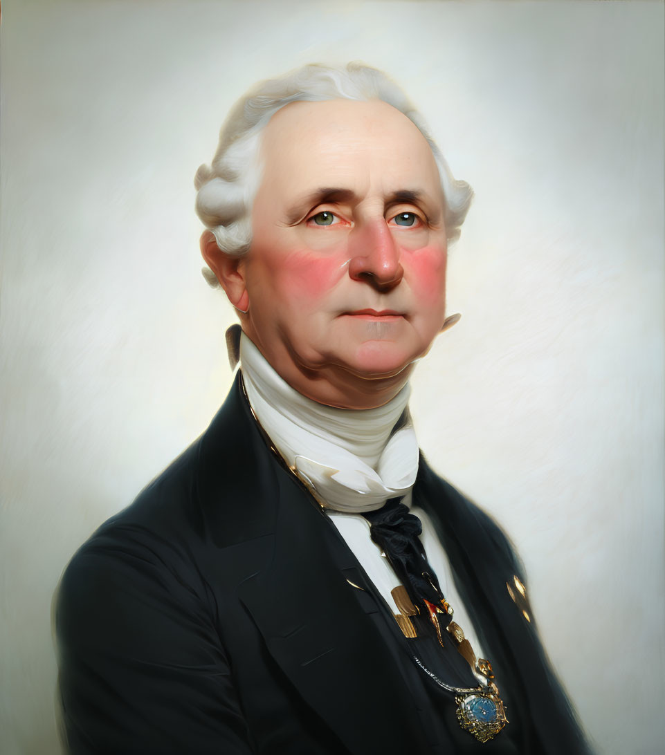 Historical male figure portrait with white hair, black suit, and medallion