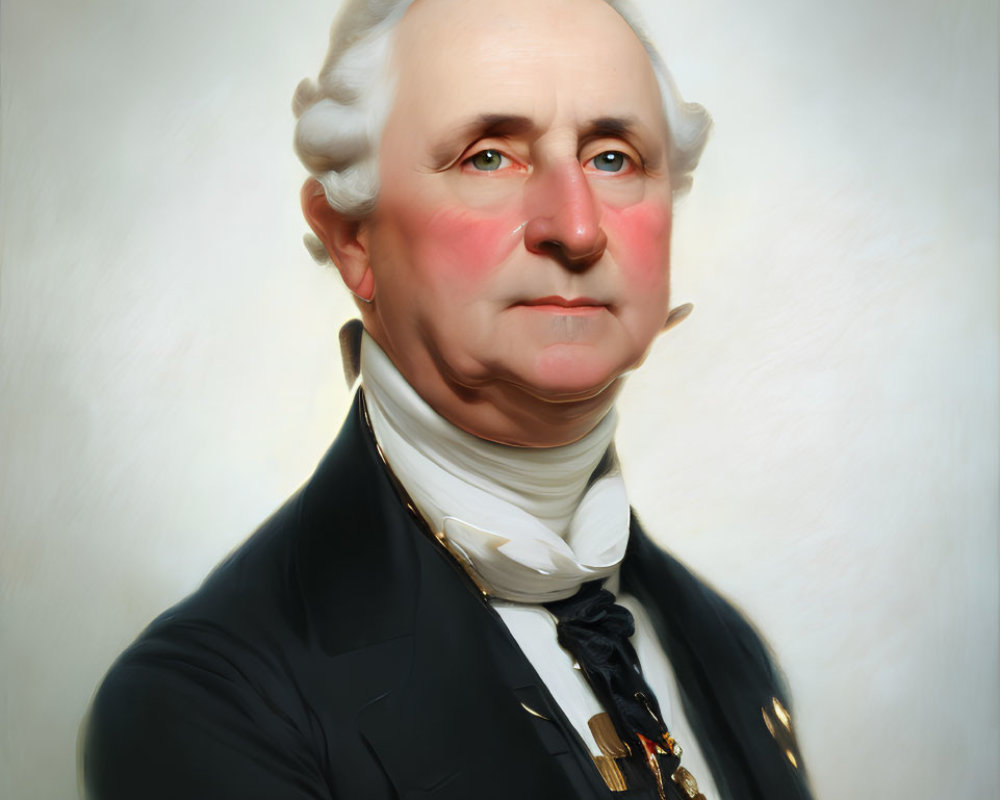 Historical male figure portrait with white hair, black suit, and medallion