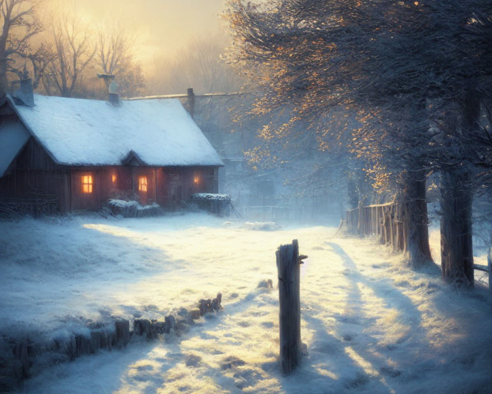 Winter Cottage Scene: Snow, Frosted Tree, Cozy Cabin