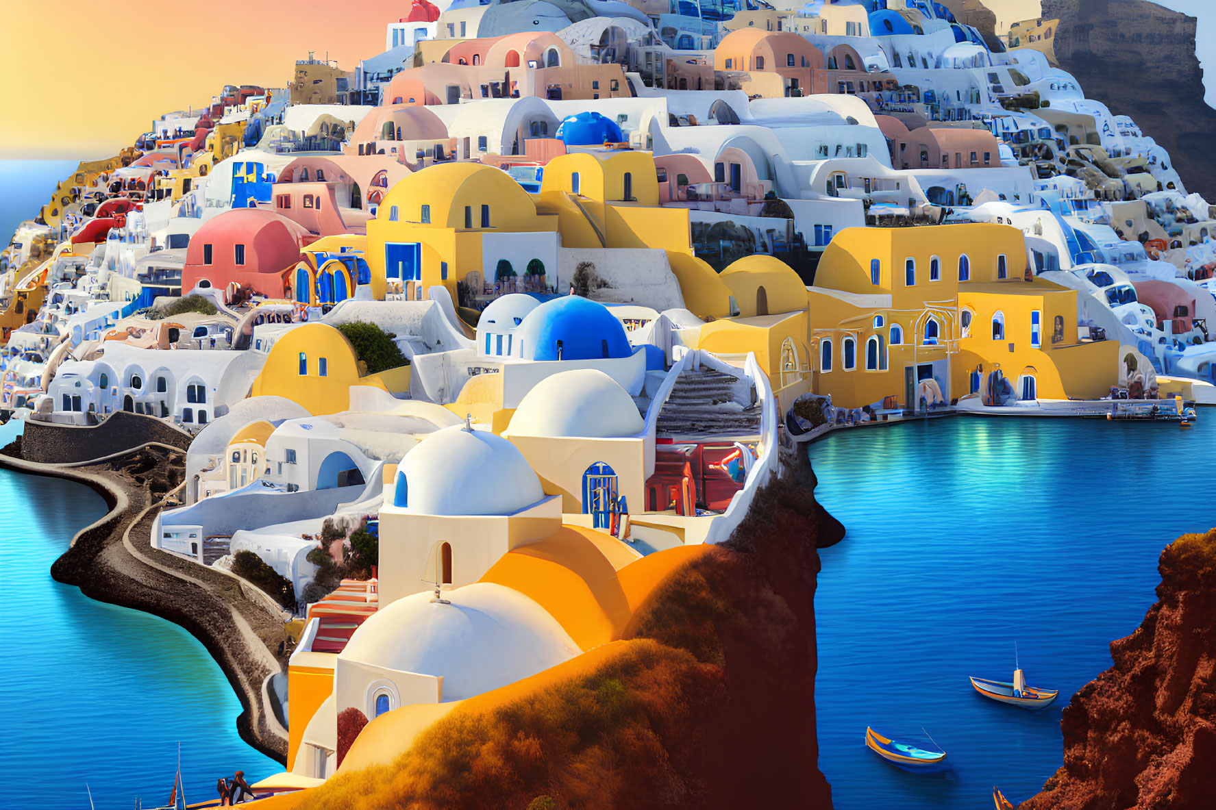 Colorful Buildings with Blue Domes Overlooking Serene Sea at Sunset