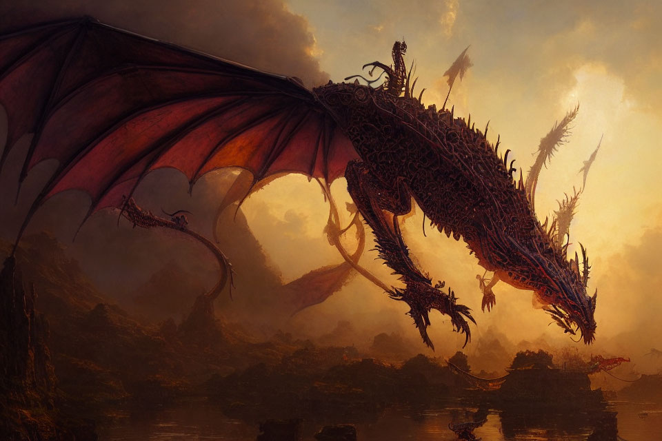 Majestic dragon flying over misty landscape at sunset