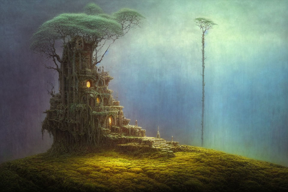 Mystical fantasy landscape with large ancient tree house surrounded by towering trees