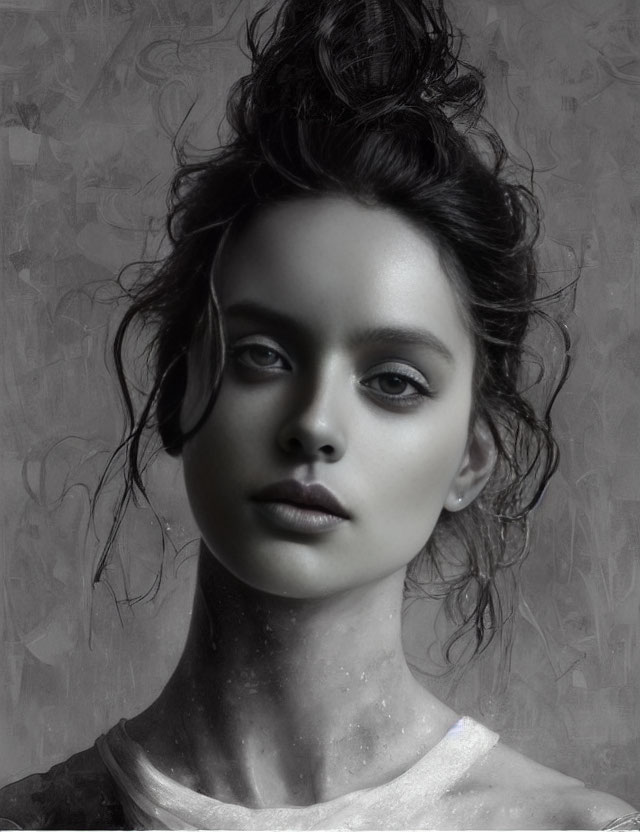 Monochrome portrait of a woman with updo hairstyle and intense gaze