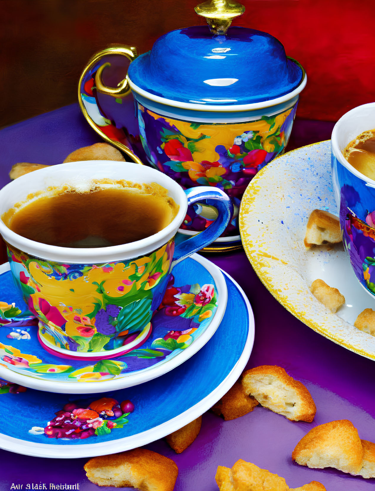 Colorful Floral Tea Set with Blue Teapot, Cups, Saucers, and Biscuits
