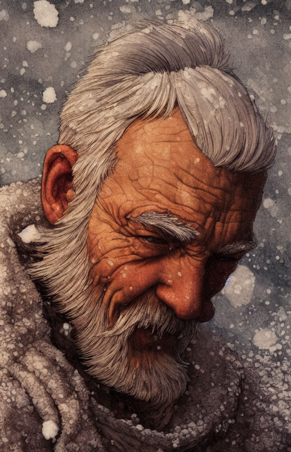 Elderly man smiling with white beard and snowflakes