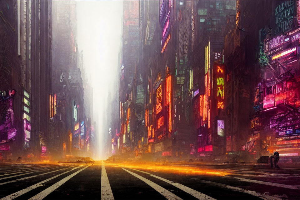Futuristic urban street with neon lights and figures in vertical light beam