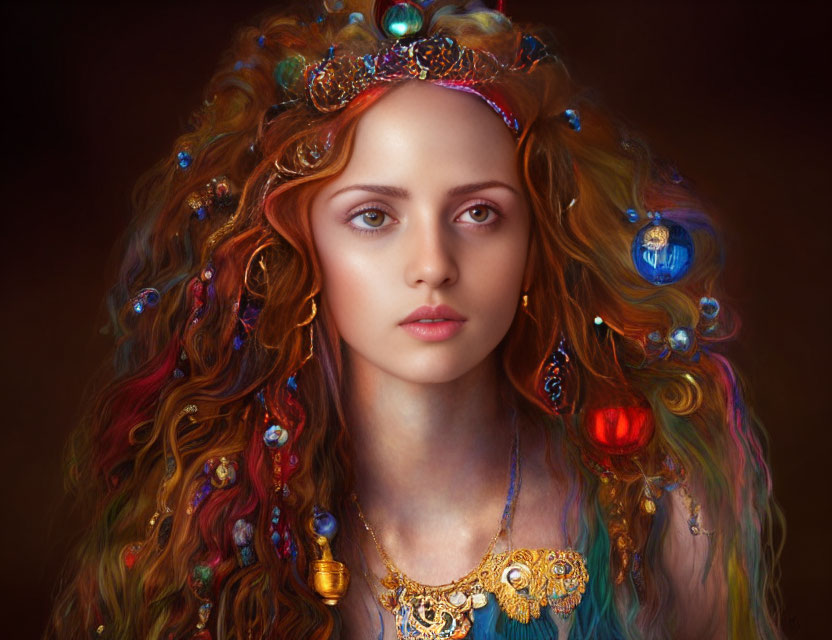 Voluminous wavy red hair with colorful beads and jewels on a brown background
