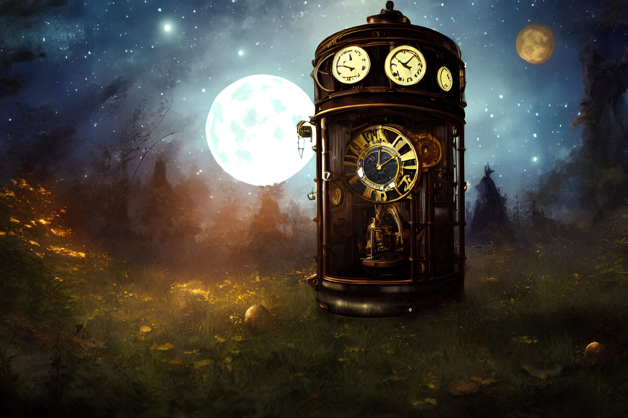 Intricate clock in mystical forest under moonlit night