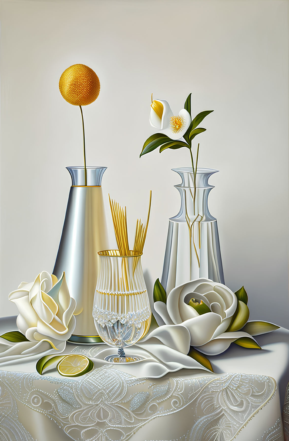 Textured orange, calla lilies, white rose, vases on draped cloth.