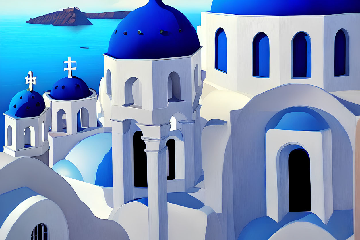 Santorini, Greece: White and Blue Domed Buildings by Calm Sea