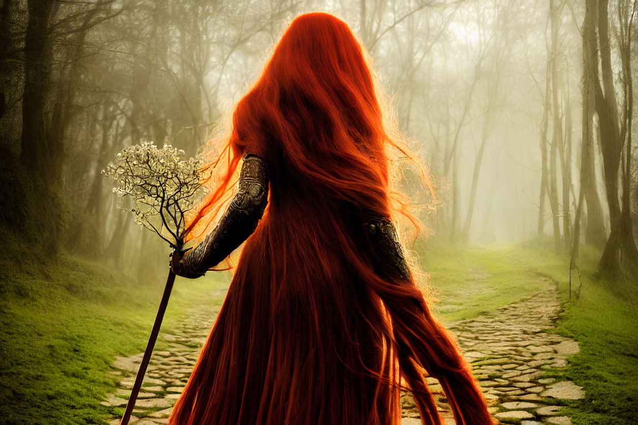 Red-haired person in dark dress with staff in misty forest