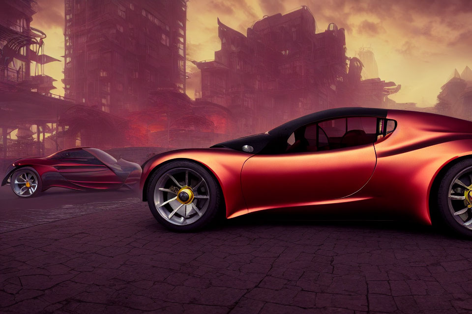 Futuristic red sports cars on desolate city street at sunset
