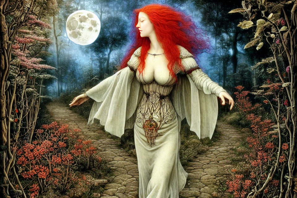 Woman with vibrant red hair in flowing dress in mystical forest under full moon