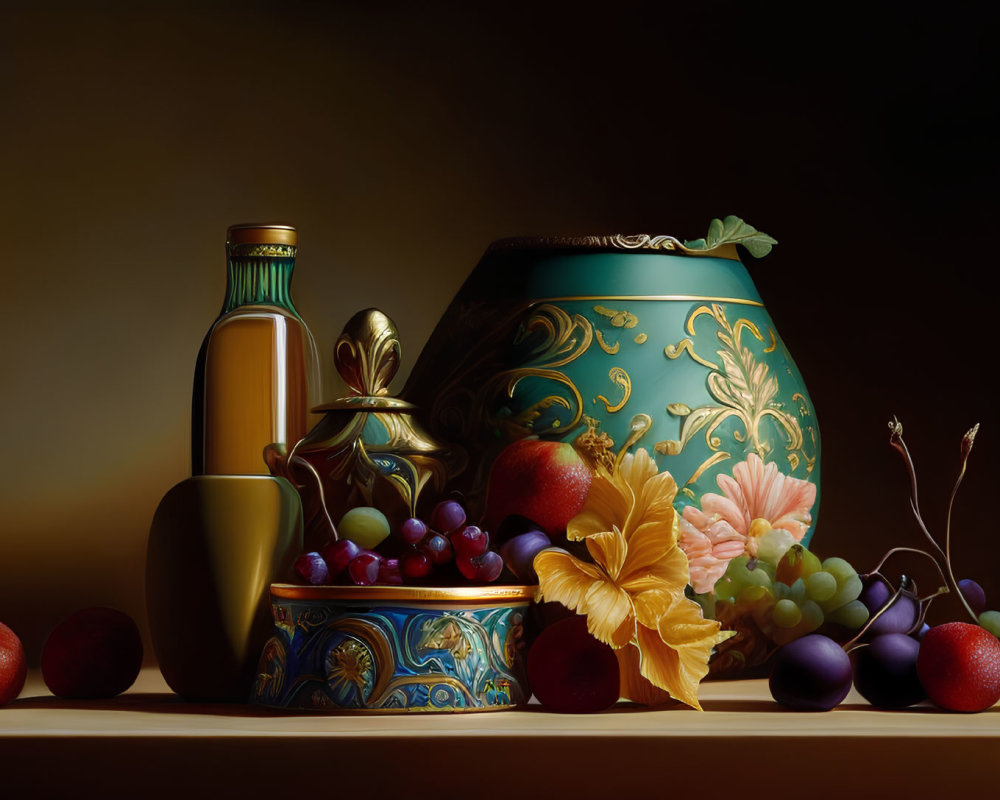Realistic still life with fruits, vase, and bottle on dark background