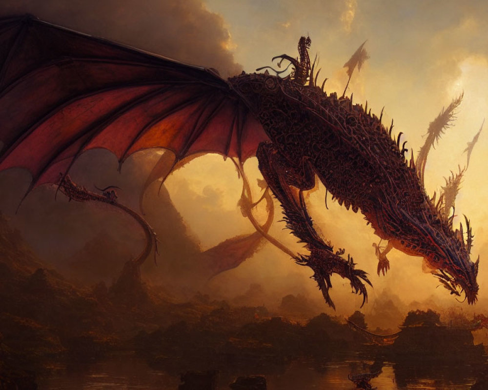Majestic dragon flying over misty landscape at sunset