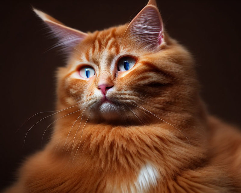 Orange Tabby Cat with Blue Eyes and Fluffy Fur on Dark Background