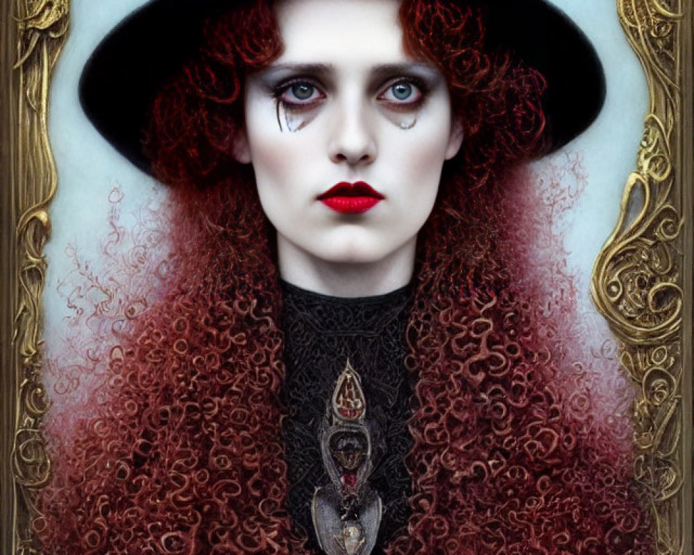 Person with Pale Skin and Red Curly Hair in Witch's Hat and Dark Attire