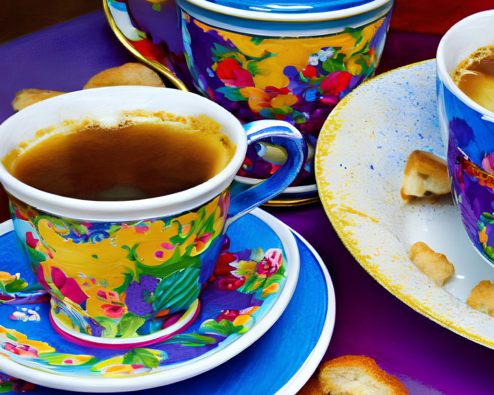 Colorful Floral Tea Set with Blue Teapot, Cups, Saucers, and Biscuits