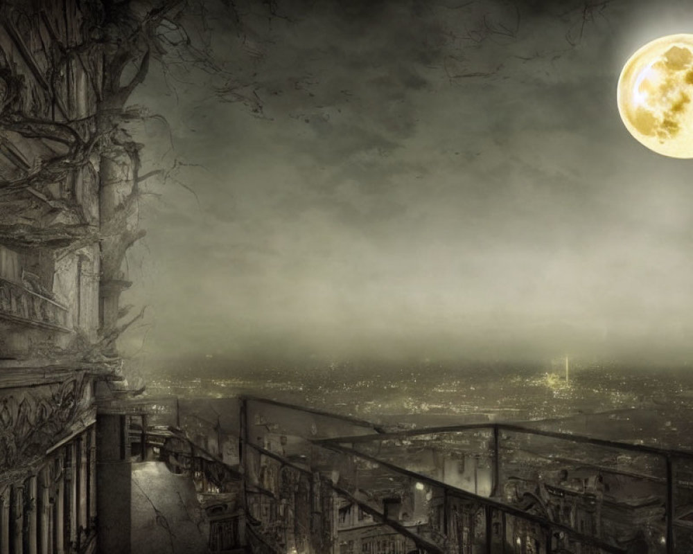 Moonlit fog-covered cityscape with balcony and gnarled trees.