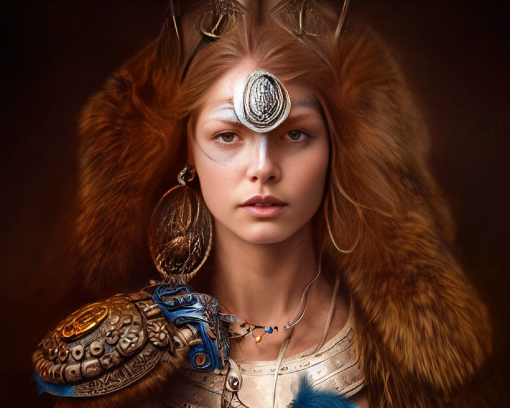 Young woman in tribal attire with feathered headwear and jewelry exudes mythical warrior aura