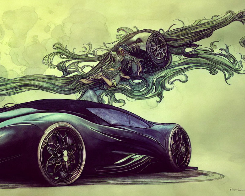 Futuristic car art with swirling green lines and abstract elements