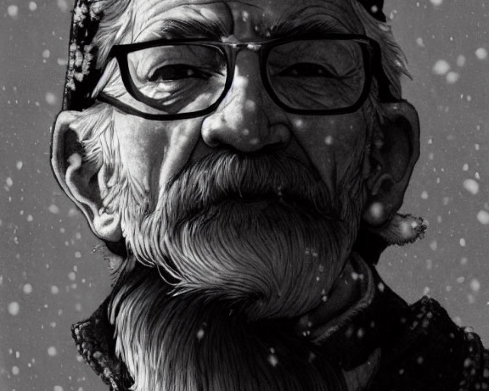 Elderly man with beard and glasses in cap with falling snowflakes in black and white illustration