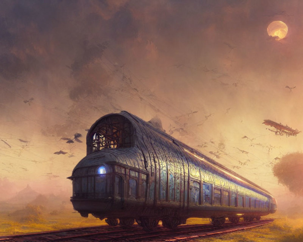 Futuristic train on tracks in sunset landscape with moon, birds, and flying vessels
