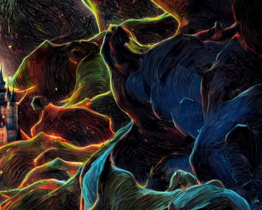 Digital Art: Neon Rivers in Dark Terrain with Castle Silhouette