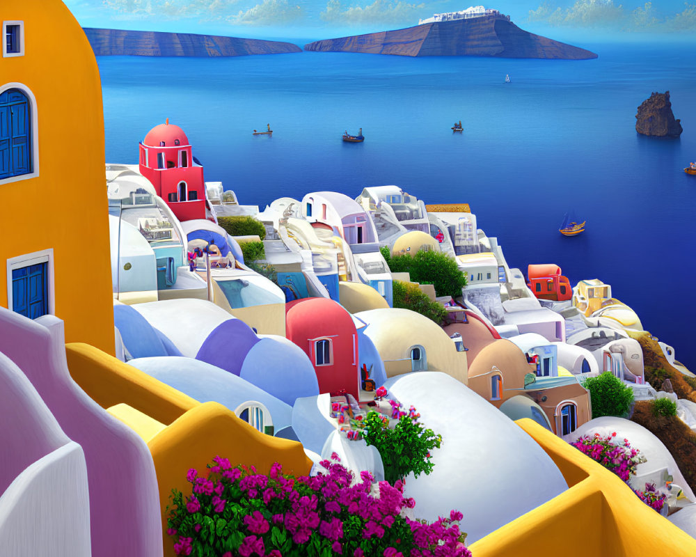 Vibrant cliffside buildings and blue domes by calm sea in Greek island scenery