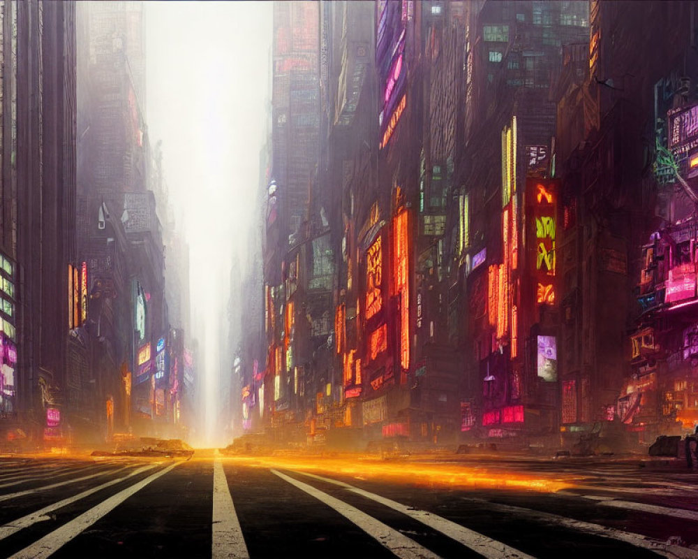 Futuristic urban street with neon lights and figures in vertical light beam